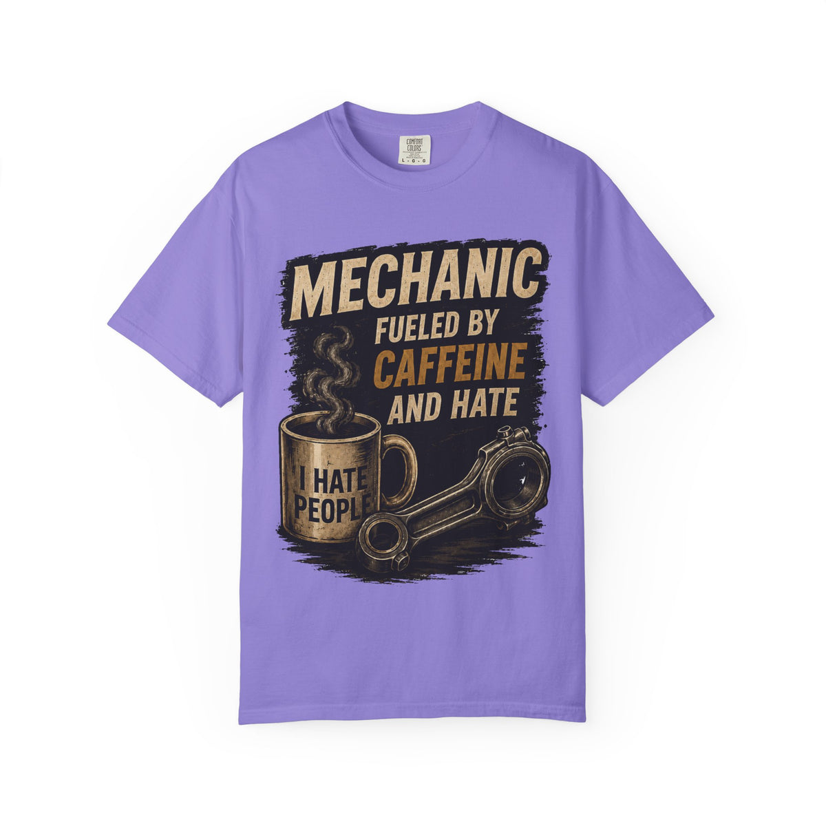 Mechanic T-Shirt — "Fueled by Caffeine and Hate" Vintage Mug & Wrench Tee