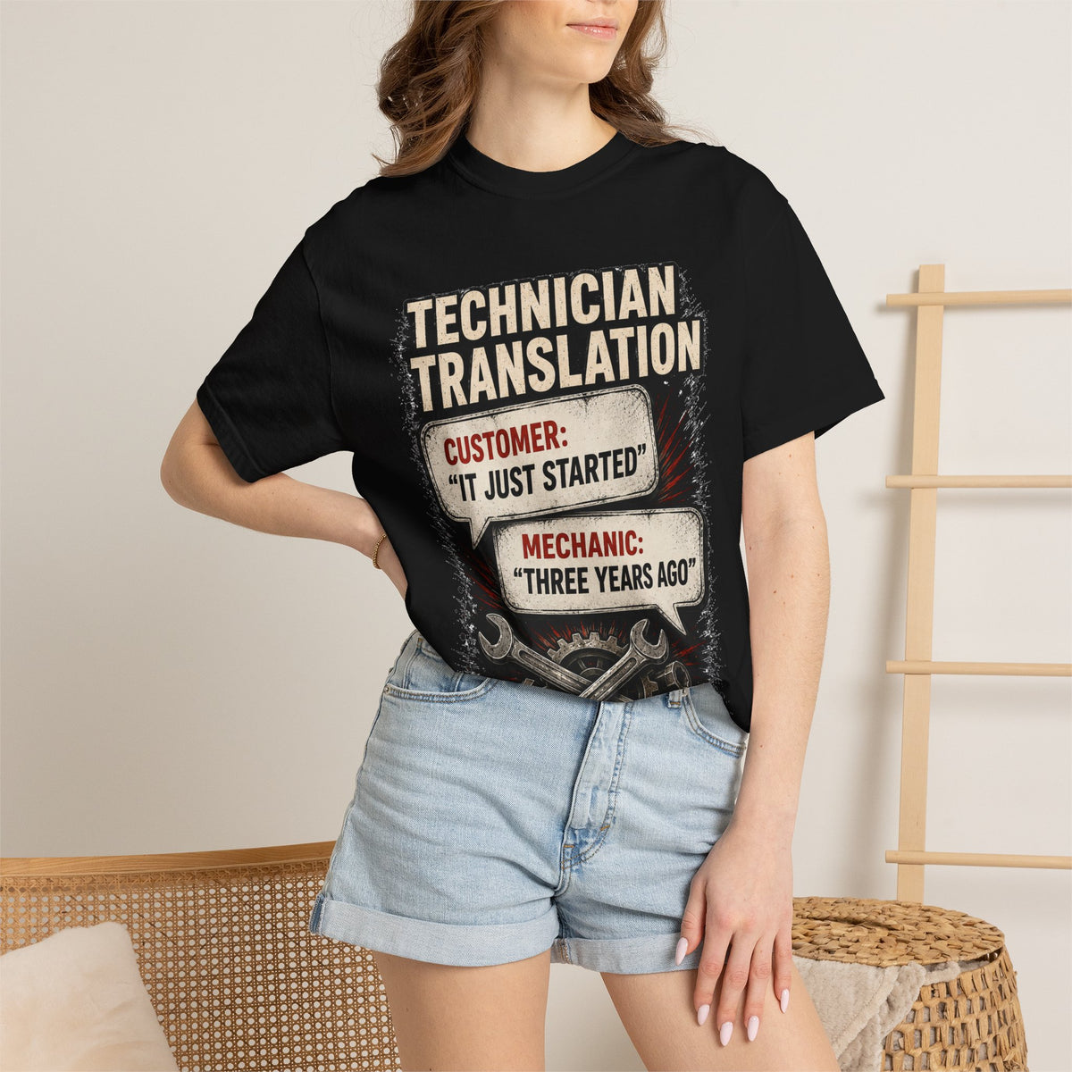 Technician Translation T-Shirt — "Customer: 'It Just Started' / Mechanic: 'Three Years Ago'"