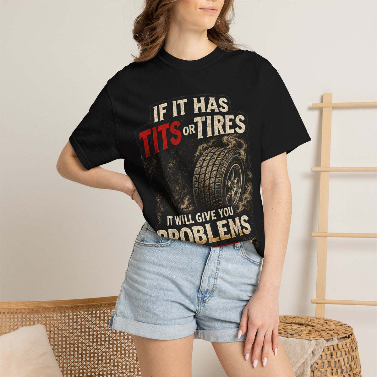 Graphic T‑Shirt — “If It Has Tits or Tires It Will Give You Problems” Vintage Mechanic Tee #7