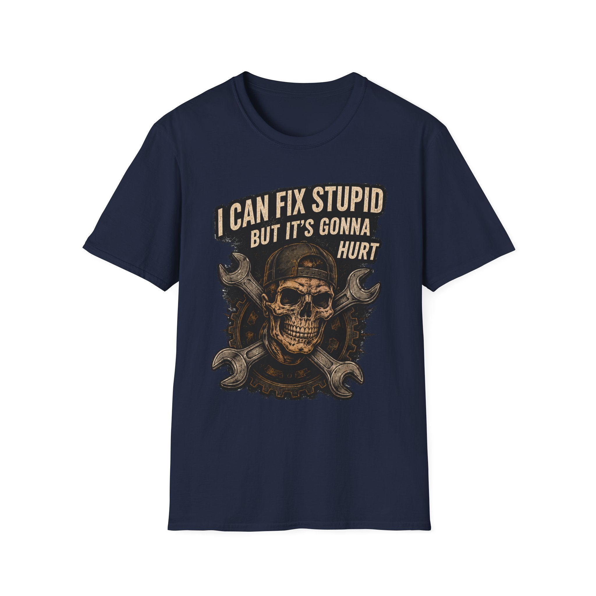 Graphic T-Shirt — "I Can Fix Stupid But It's Gonna Hurt" Skull Mechanic Tee