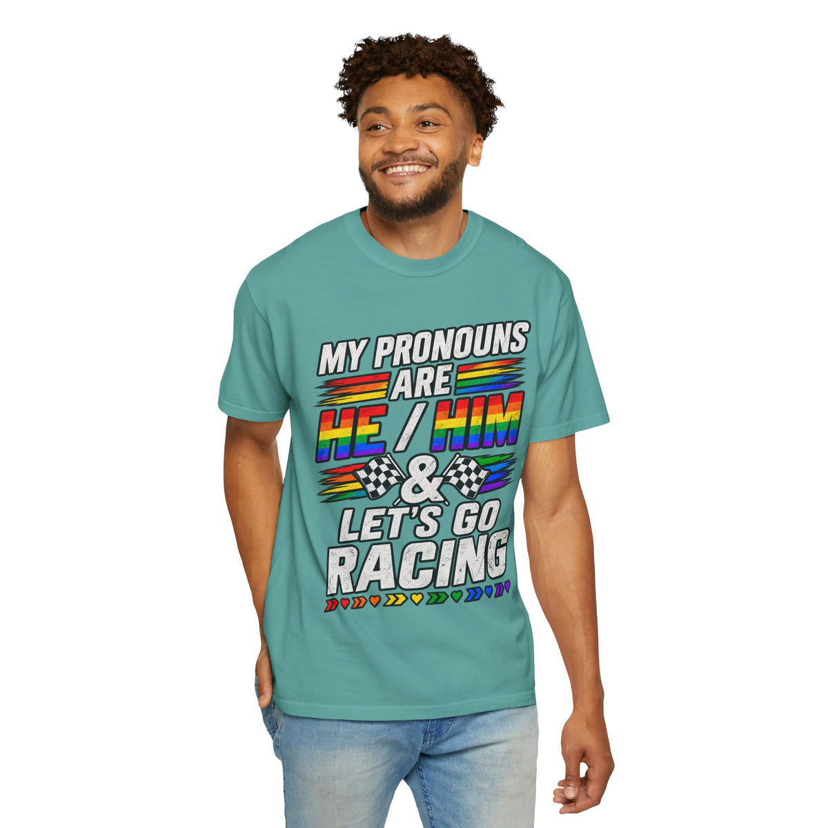 Pronouns Are He/Him Racing T-Shirt — LGBTQ+ Pride Motorsport Tee