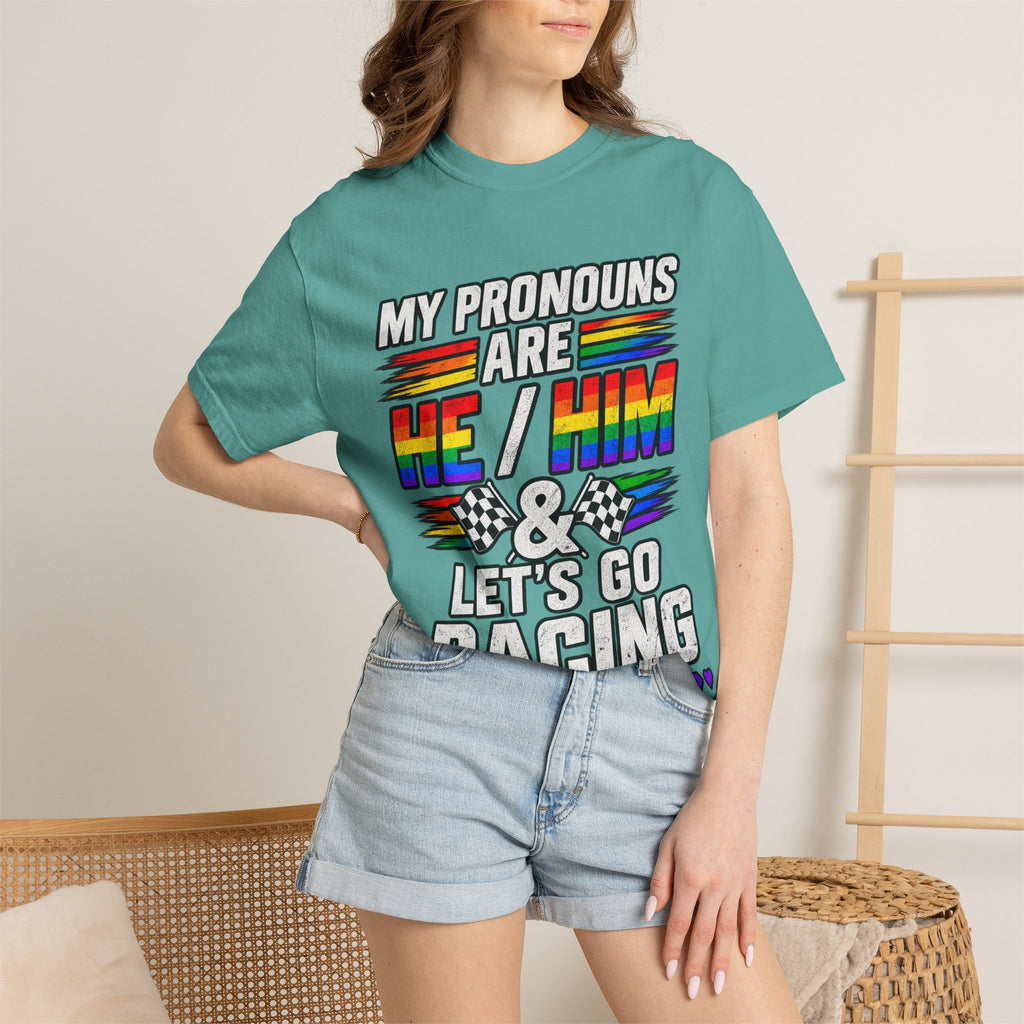 Pronouns Are He/Him Racing T-Shirt — LGBTQ+ Pride Motorsport Tee
