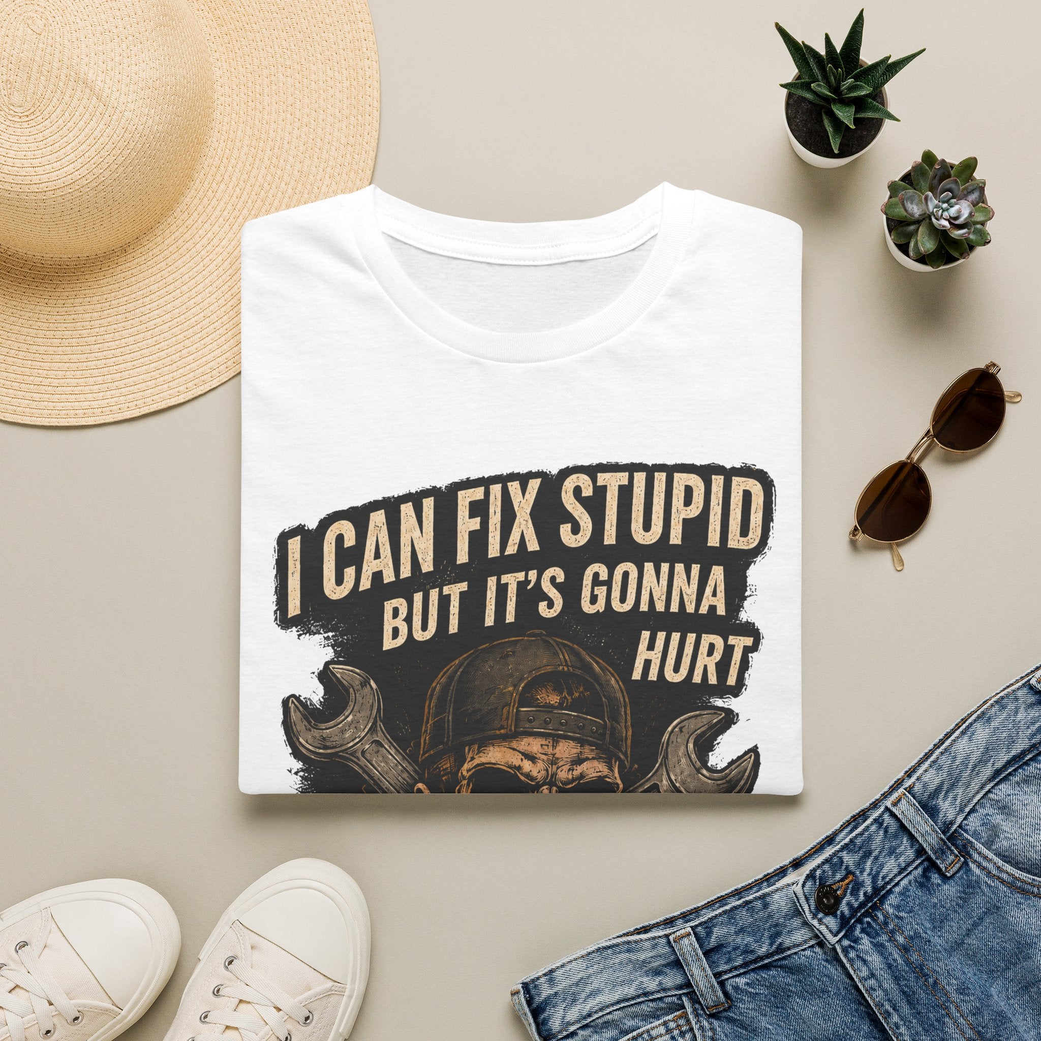 Graphic T-Shirt — "I Can Fix Stupid But It's Gonna Hurt" Skull Mechanic Tee
