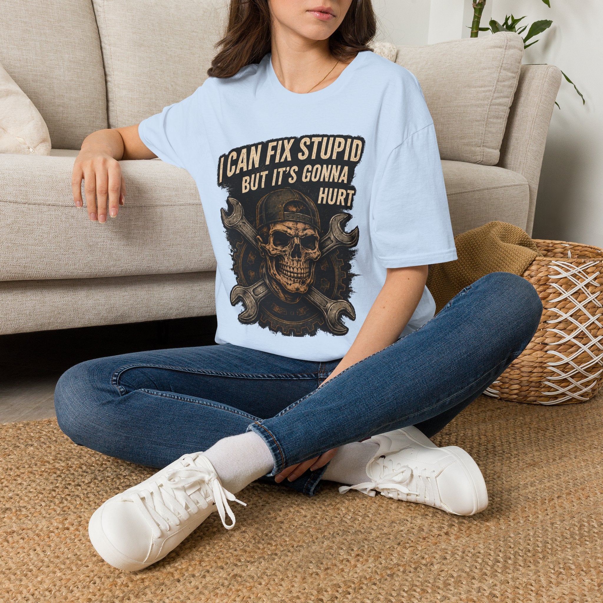 Graphic T-Shirt — "I Can Fix Stupid But It's Gonna Hurt" Skull Mechanic Tee