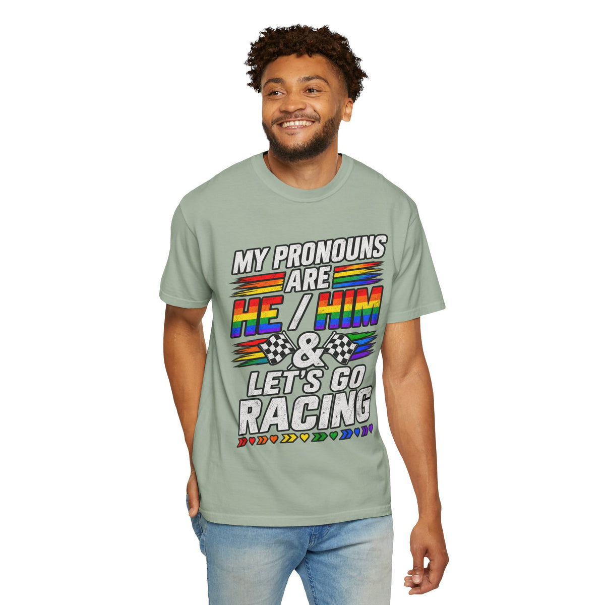 Pronouns Are He/Him Racing T-Shirt — LGBTQ+ Pride Motorsport Tee