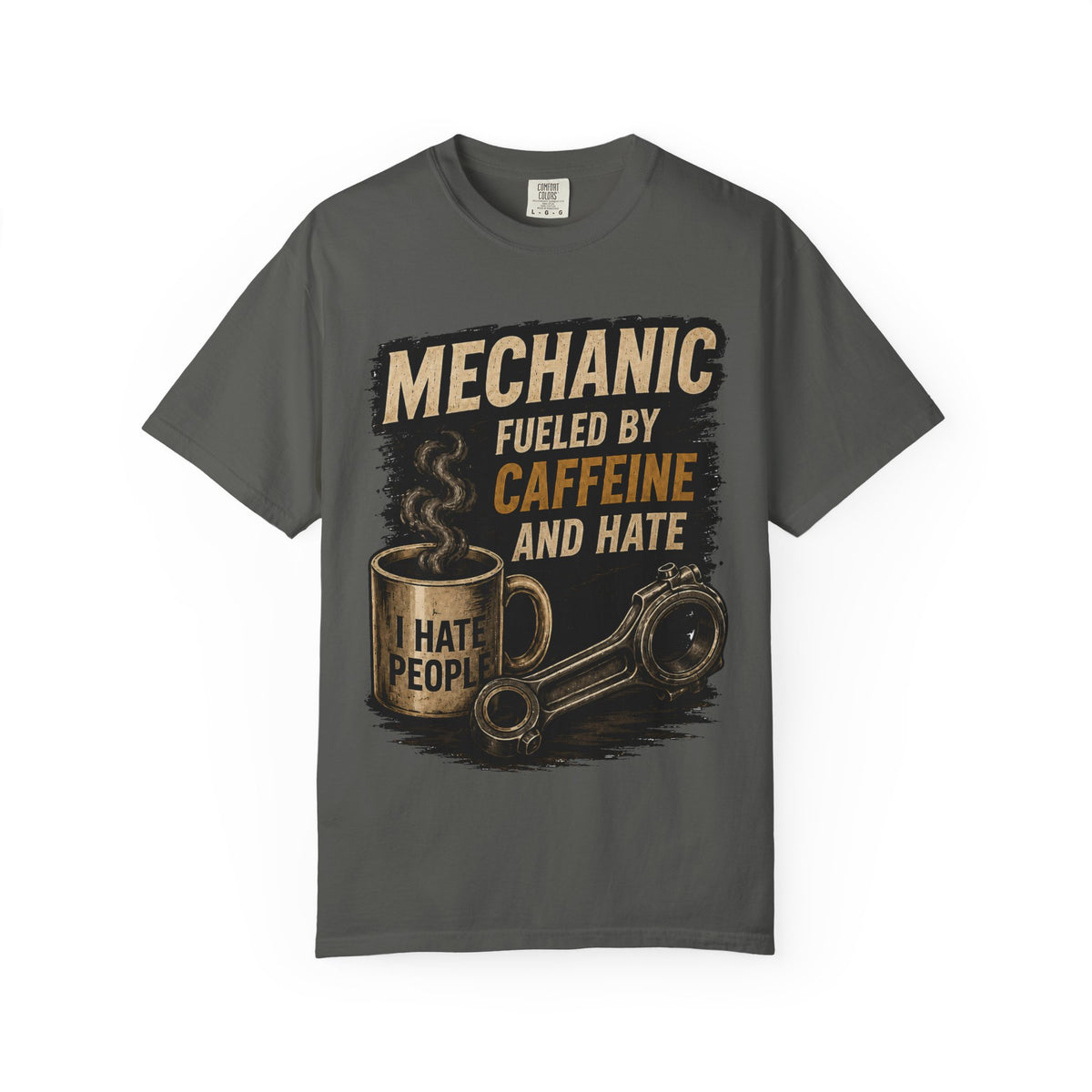 Mechanic T-Shirt — "Fueled by Caffeine and Hate" Vintage Mug & Wrench Tee
