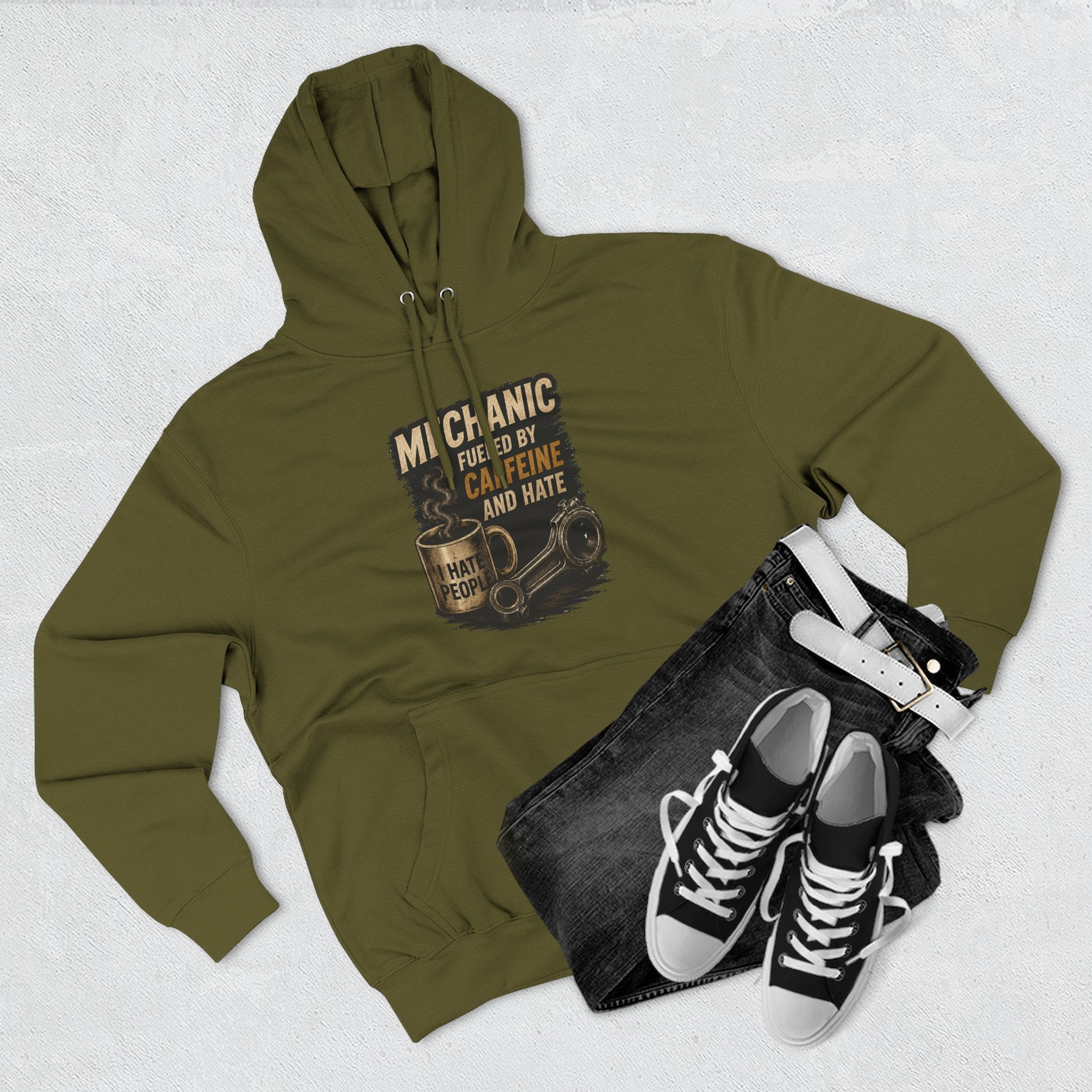 Mechanic Hoodie — 'Fueled by Caffeine and Hate' Graphic Pullover