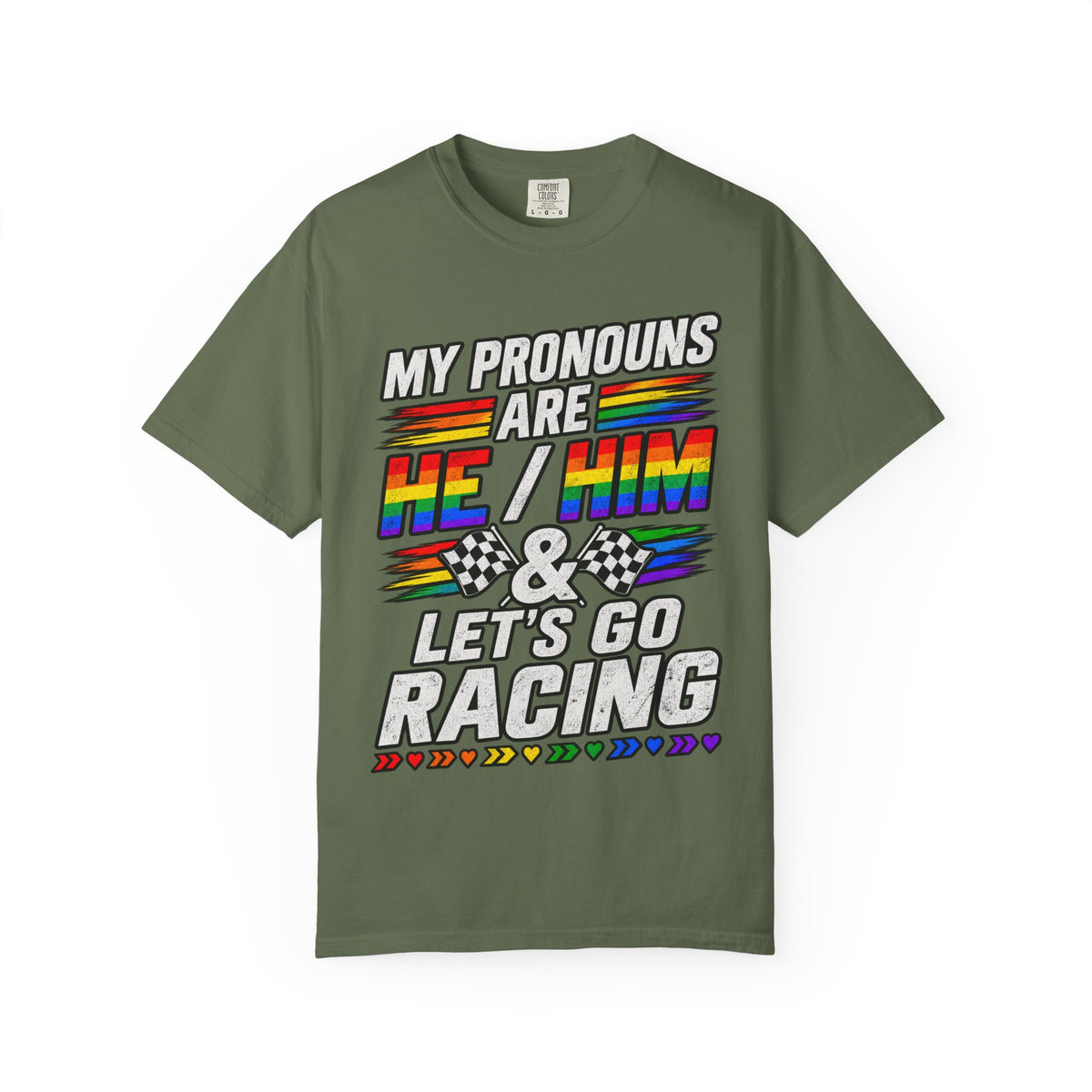 Pronouns Are He/Him Racing T-Shirt — LGBTQ+ Pride Motorsport Tee