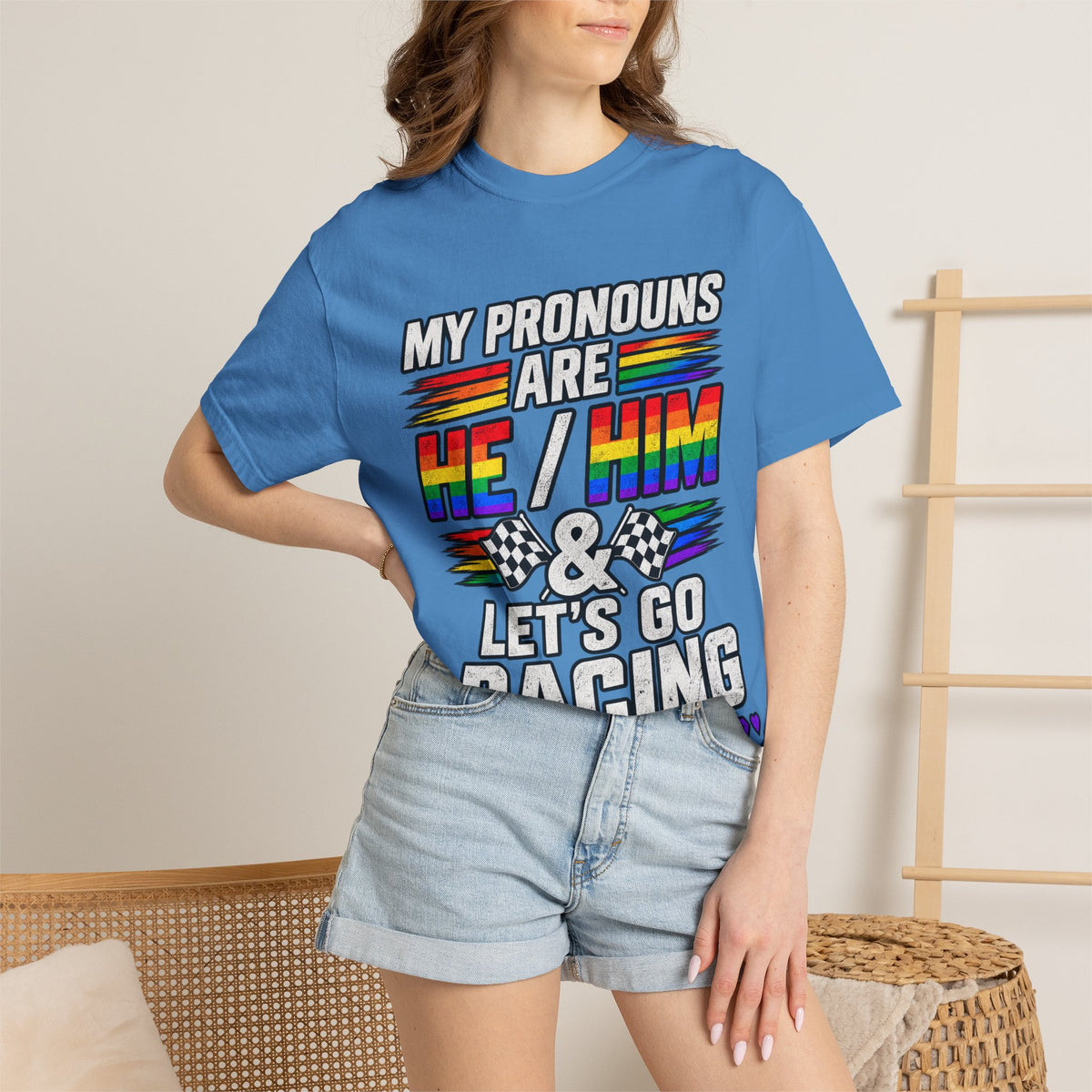 Pronouns Are He/Him Racing T-Shirt — LGBTQ+ Pride Motorsport Tee