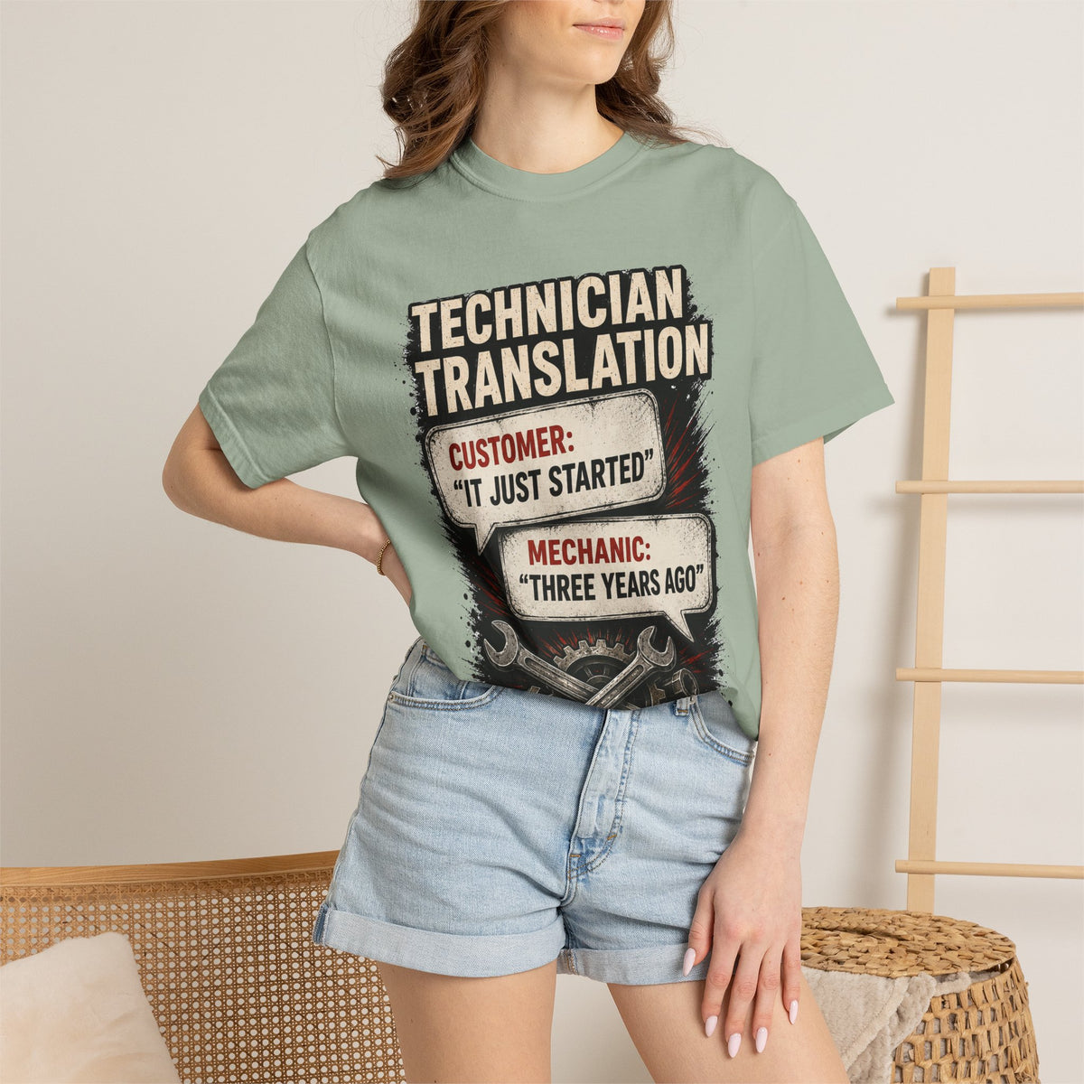 Technician Translation T-Shirt — "Customer: 'It Just Started' / Mechanic: 'Three Years Ago'"