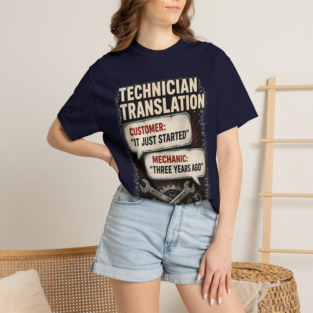 Technician Translation T-Shirt — "Customer: 'It Just Started' / Mechanic: 'Three Years Ago'"