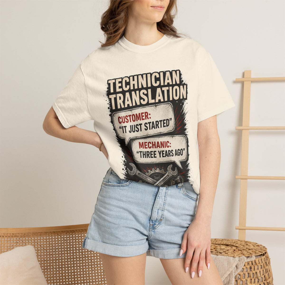 Technician Translation T-Shirt — "Customer: 'It Just Started' / Mechanic: 'Three Years Ago'"