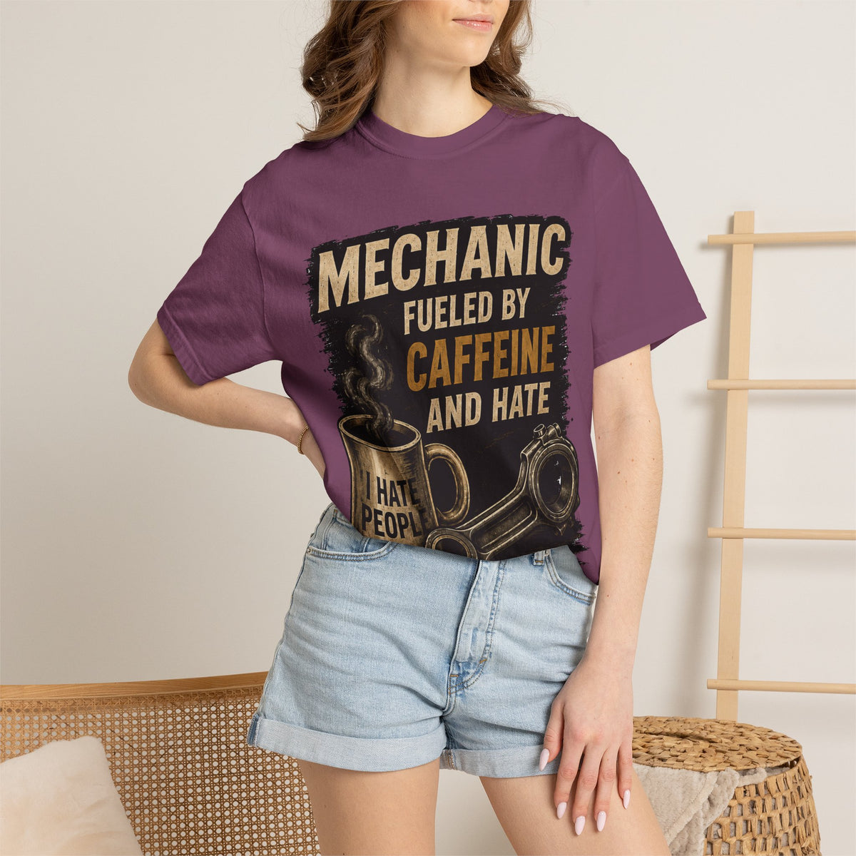 Mechanic T-Shirt — "Fueled by Caffeine and Hate" Vintage Mug & Wrench Tee