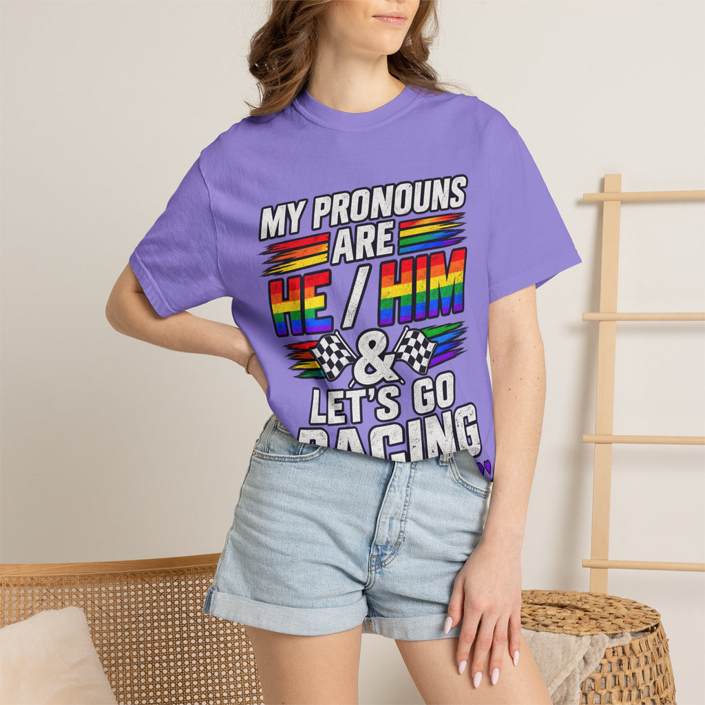 Pronouns Are He/Him Racing T-Shirt — LGBTQ+ Pride Motorsport Tee