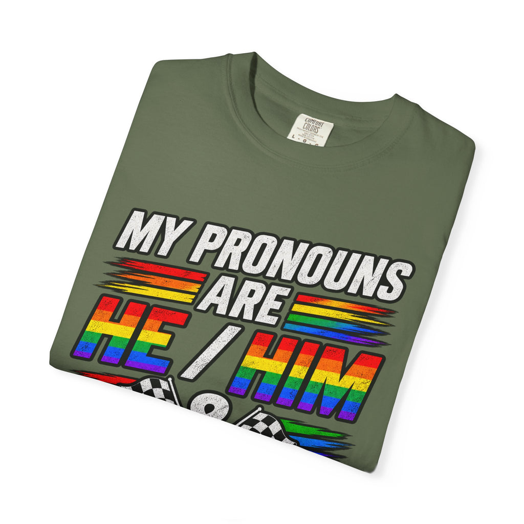 Pronouns Are He/Him Racing T-Shirt — LGBTQ+ Pride Motorsport Tee