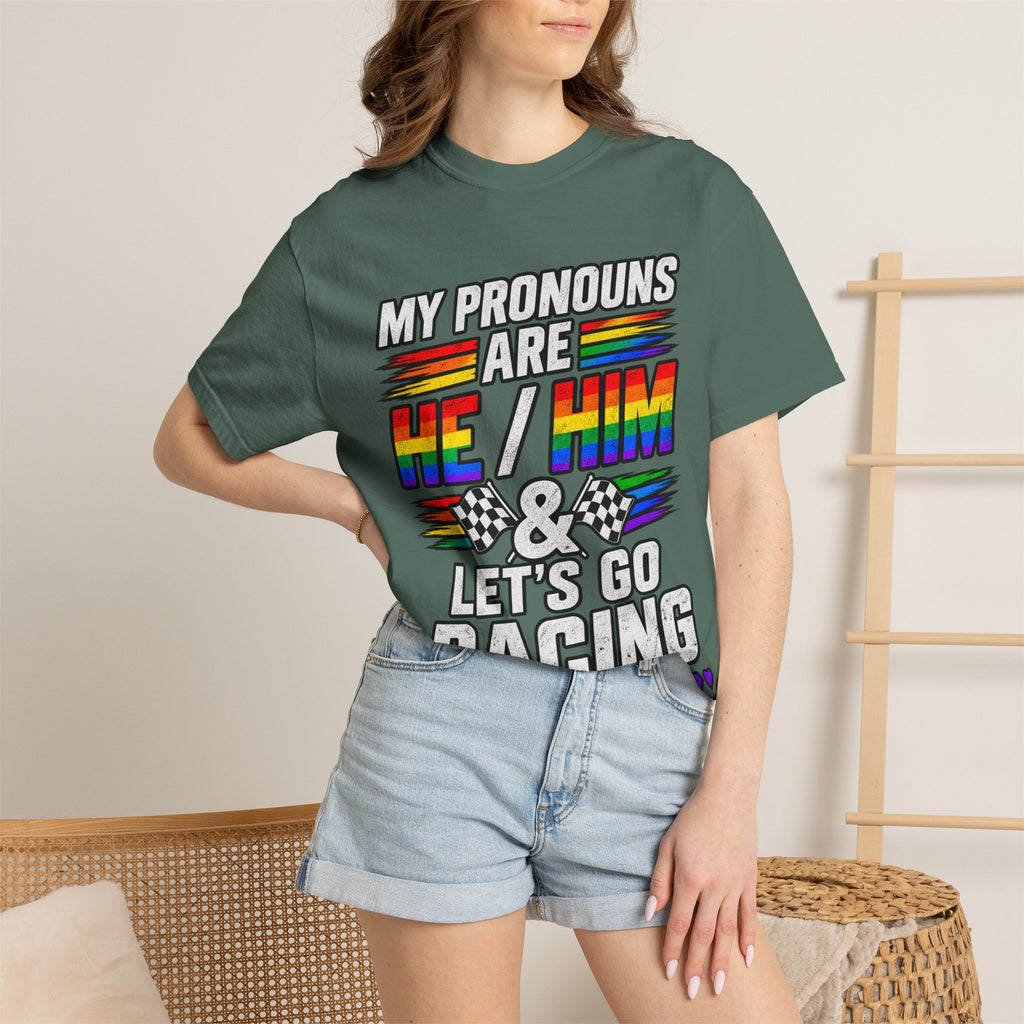 Pronouns Are He/Him Racing T-Shirt — LGBTQ+ Pride Motorsport Tee