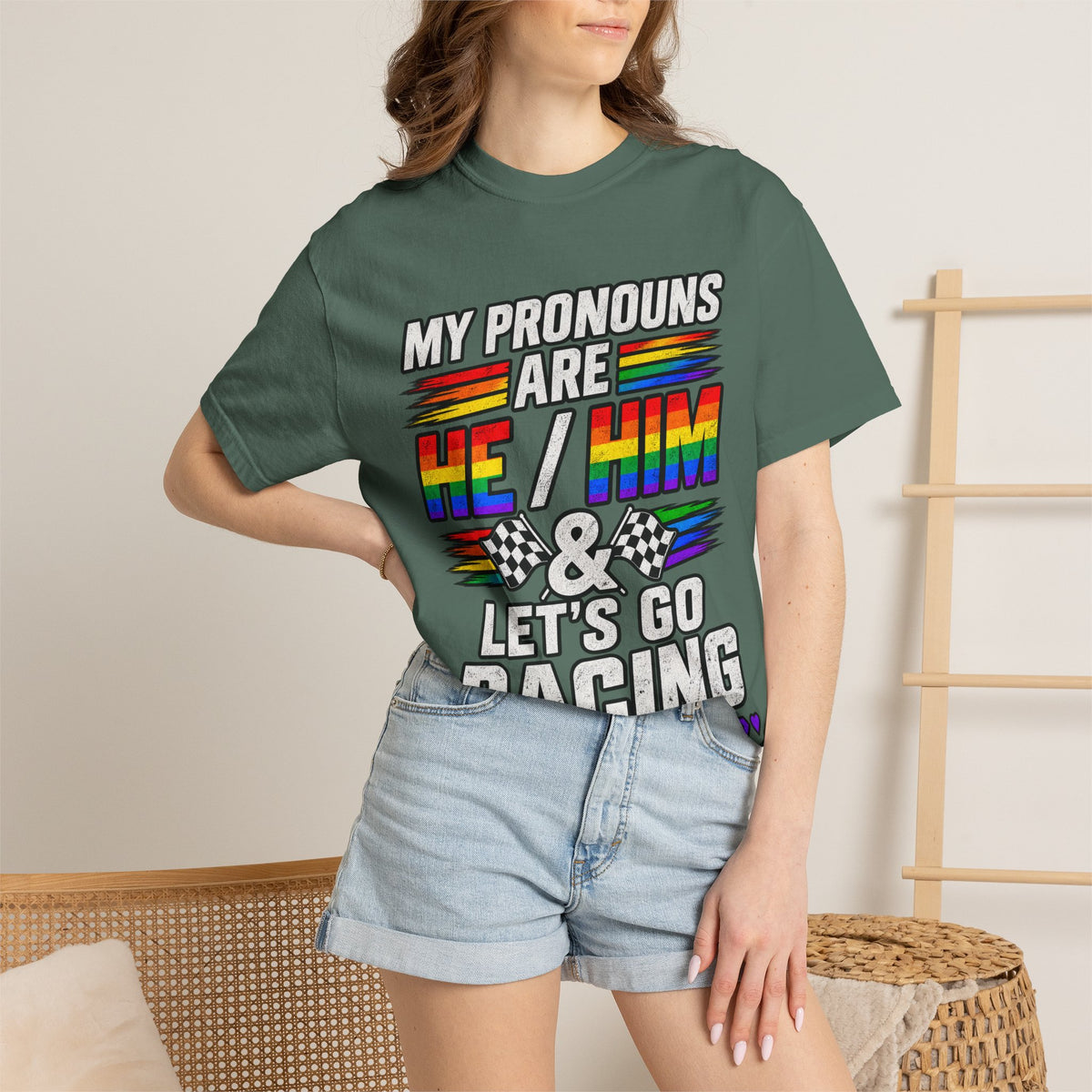 Pronouns Are He/Him Racing T-Shirt — LGBTQ+ Pride Motorsport Tee