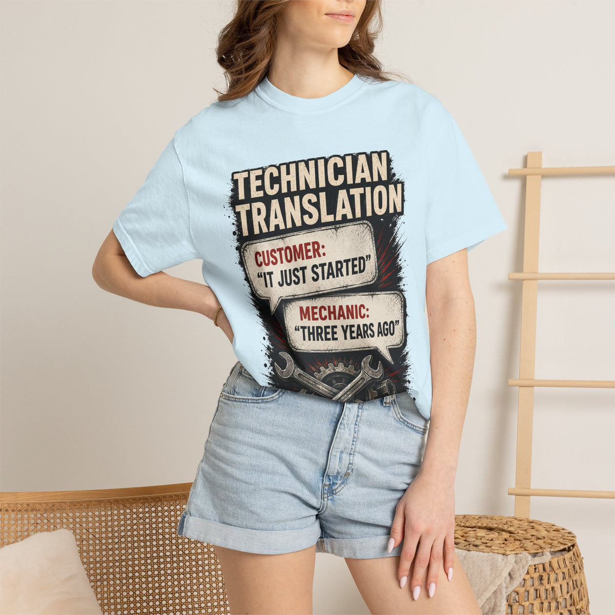 Technician Translation T-Shirt — "Customer: 'It Just Started' / Mechanic: 'Three Years Ago'"