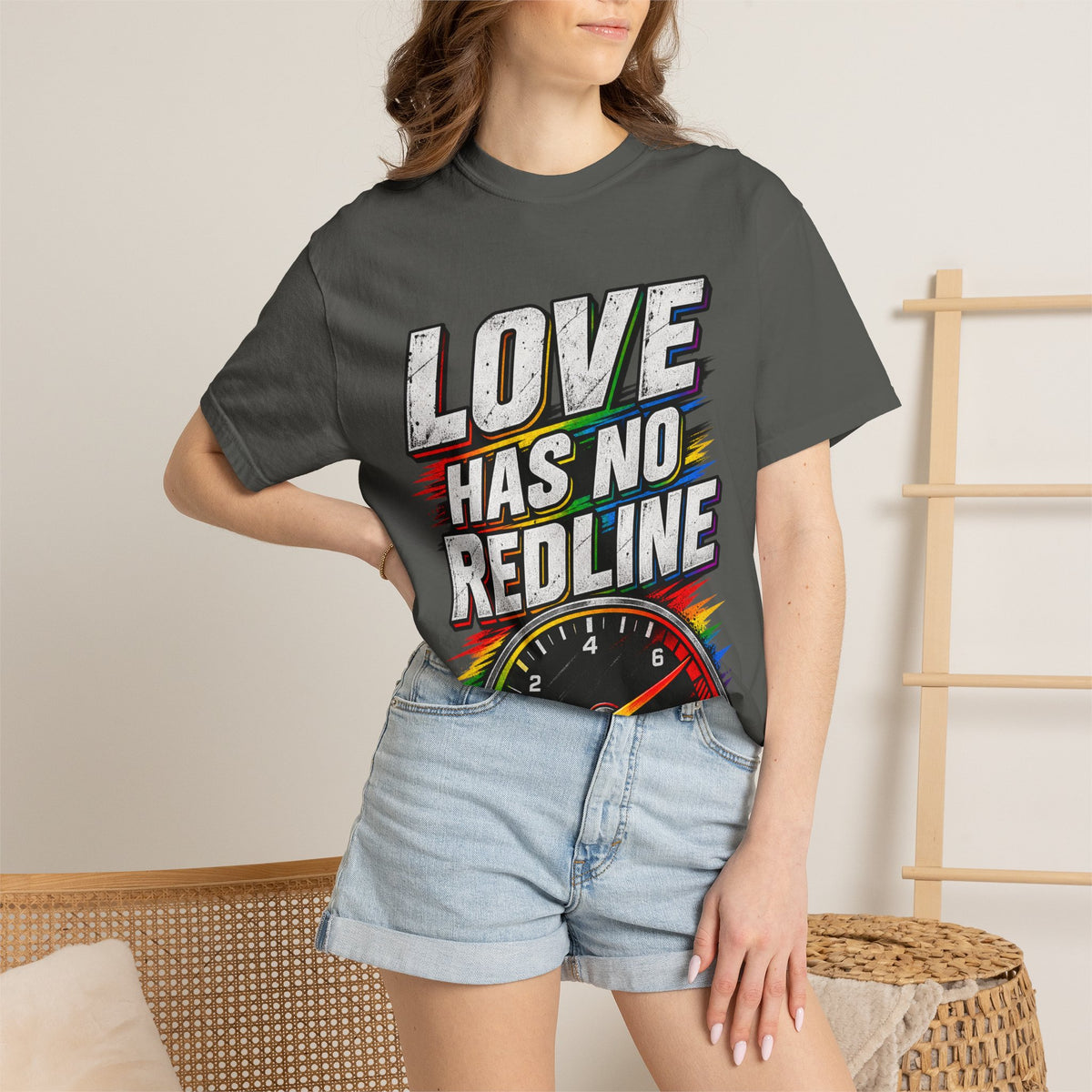 Love Has No Redline T-Shirt — Rainbow Speedometer Pride Tee