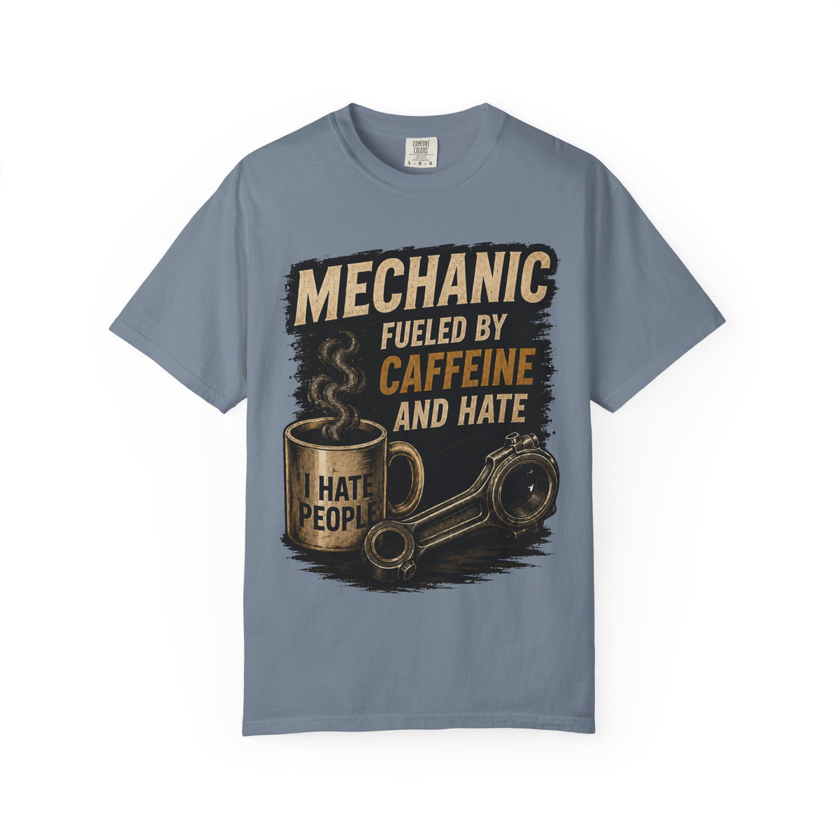 Mechanic T-Shirt — "Fueled by Caffeine and Hate" Vintage Mug & Wrench Tee
