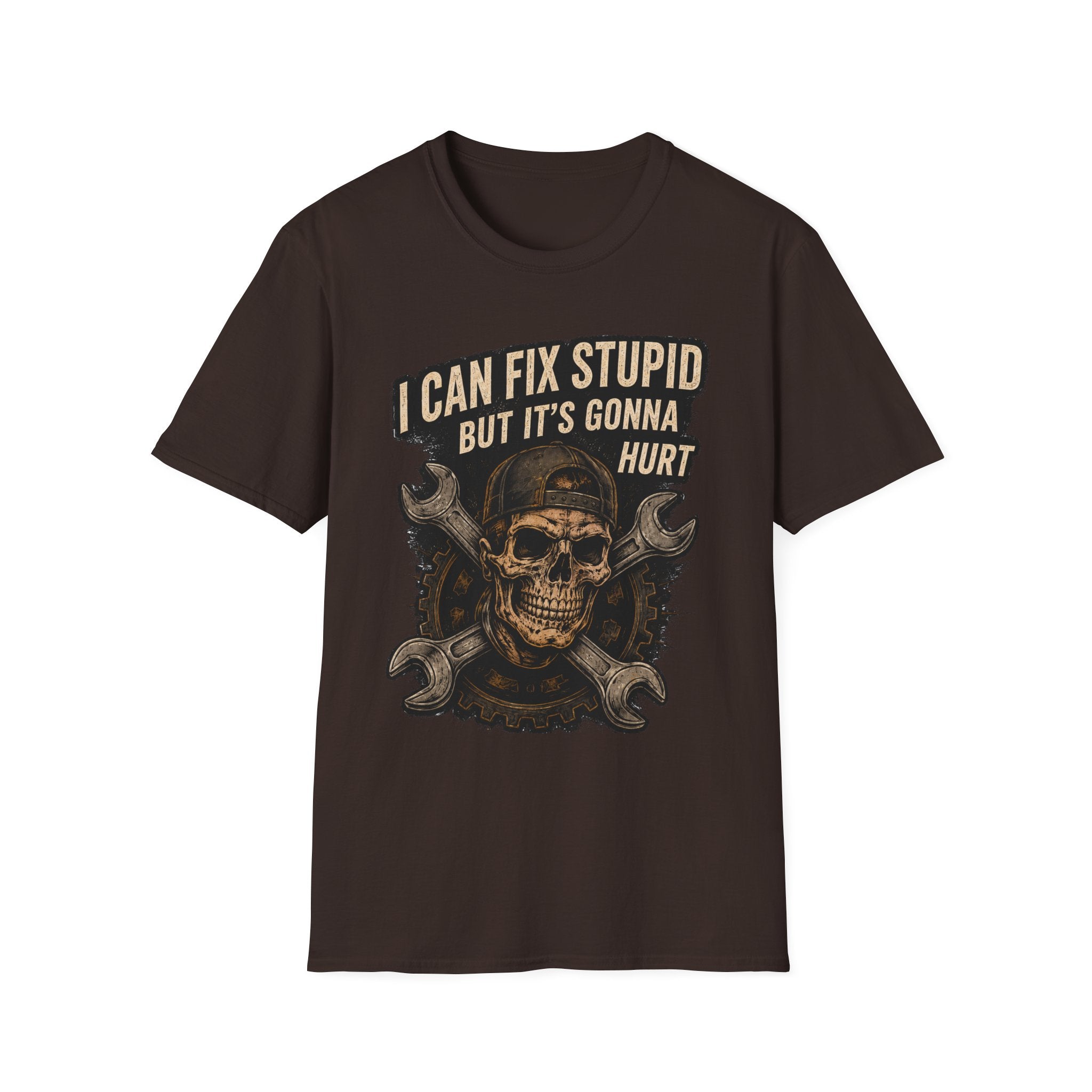 Graphic T-Shirt — "I Can Fix Stupid But It's Gonna Hurt" Skull Mechanic Tee