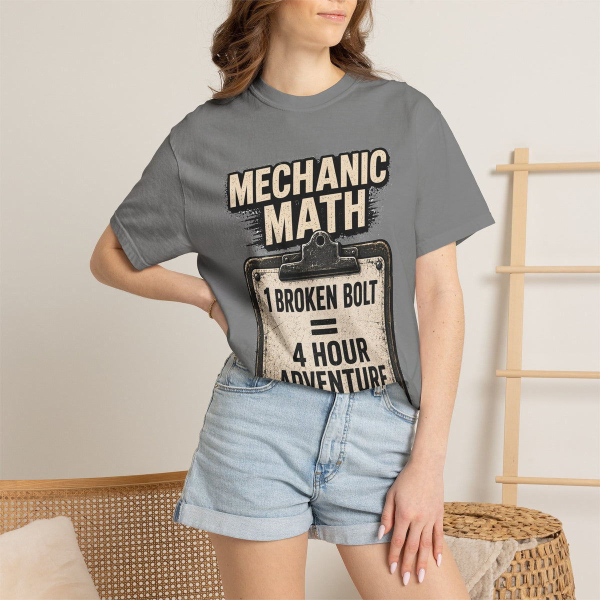 Mechanic Math T-Shirt — "1 Broken Bolt = 4 Hour Adventure" Vintage Workshop Tee