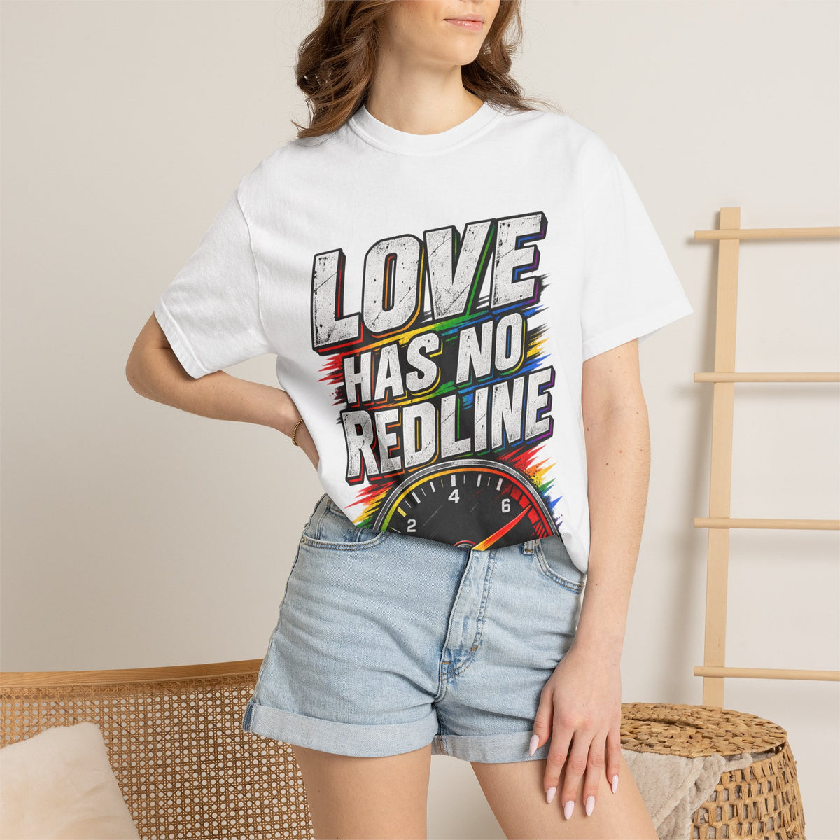 Love Has No Redline T-Shirt — Rainbow Speedometer Pride Tee