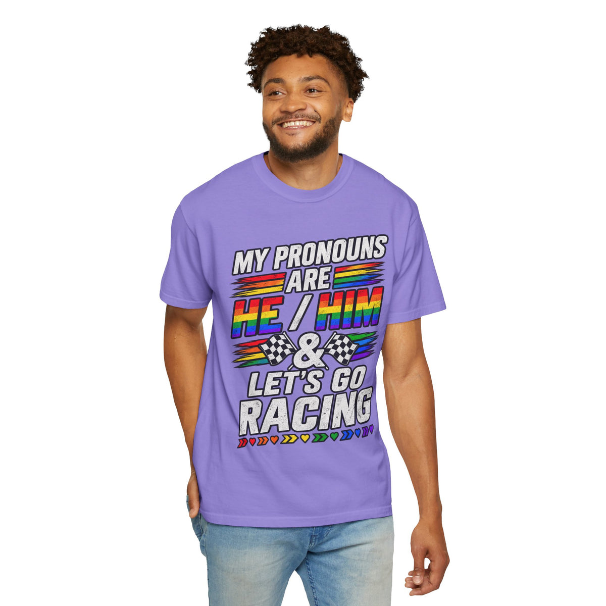 Pronouns Are He/Him Racing T-Shirt — LGBTQ+ Pride Motorsport Tee