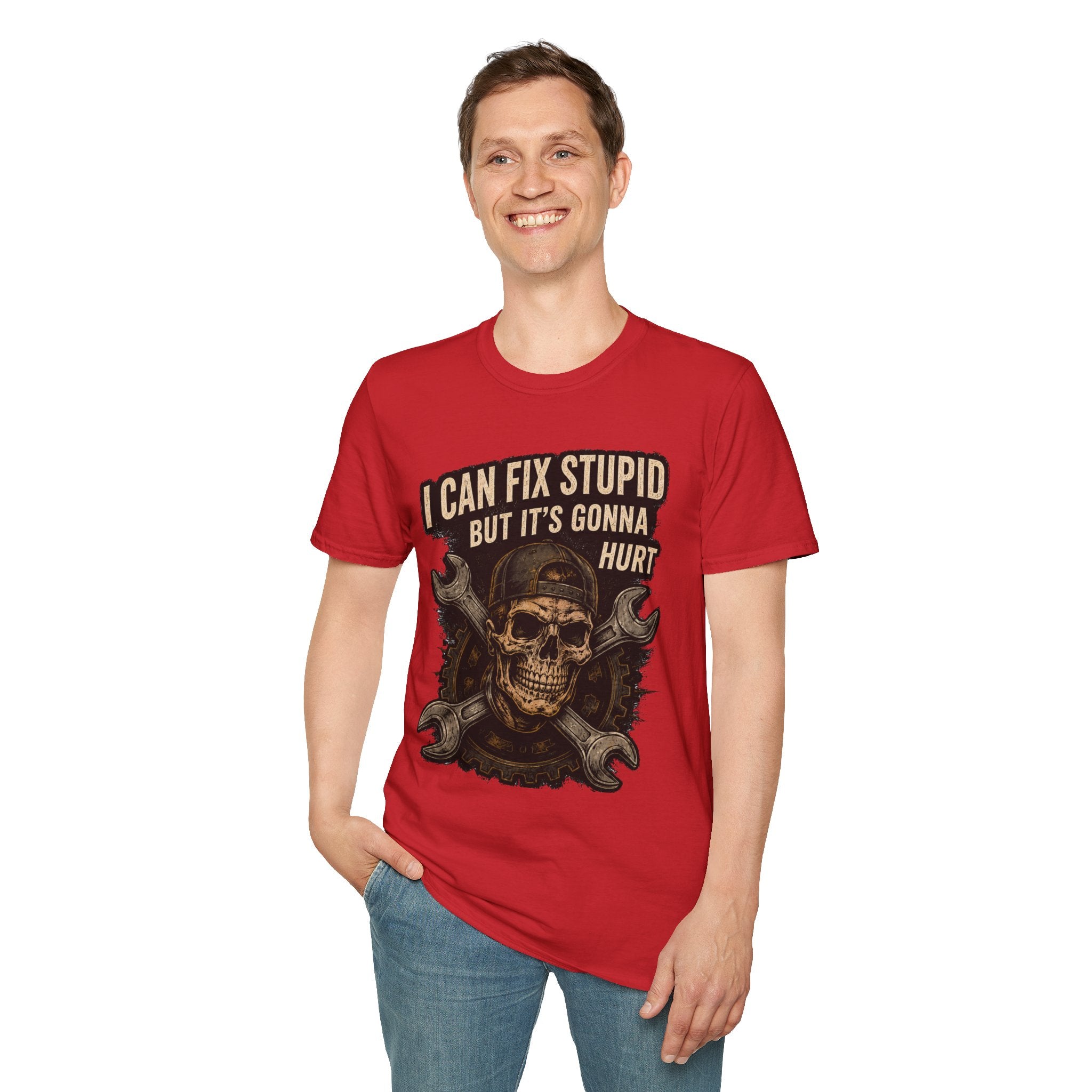 Graphic T-Shirt — "I Can Fix Stupid But It's Gonna Hurt" Skull Mechanic Tee