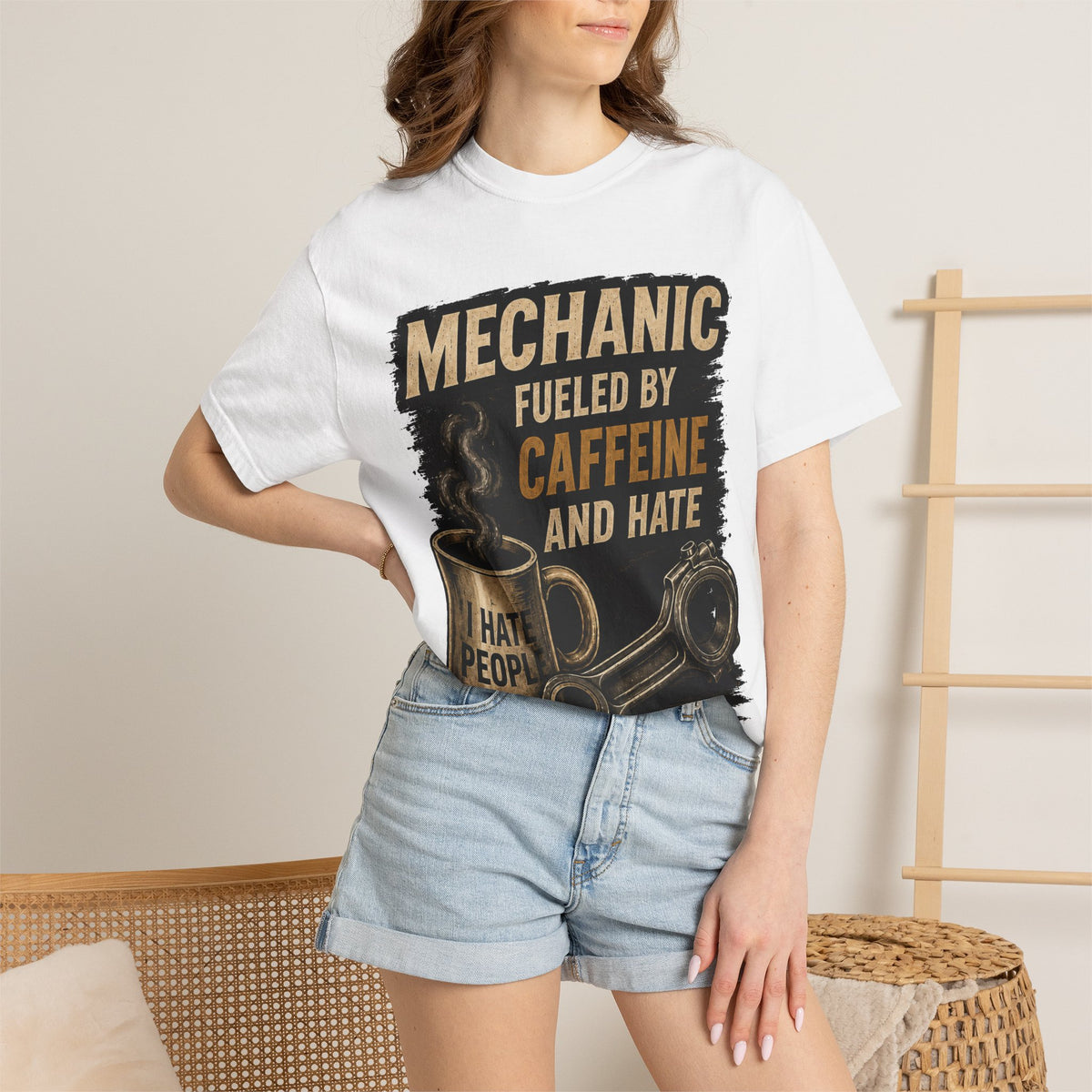 Mechanic T-Shirt — "Fueled by Caffeine and Hate" Vintage Mug & Wrench Tee