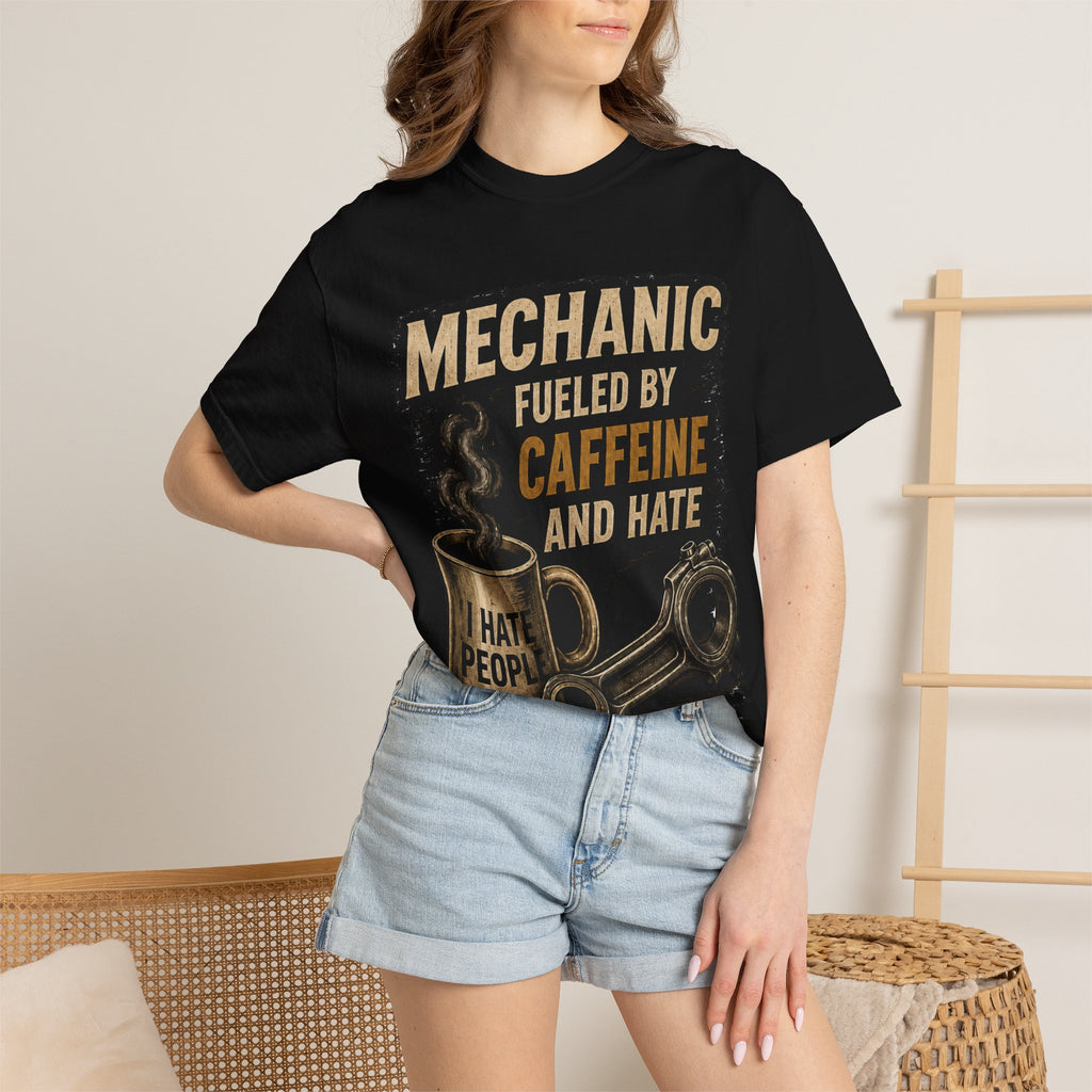 Mechanic T-Shirt — "Fueled by Caffeine and Hate" Vintage Mug & Wrench Tee