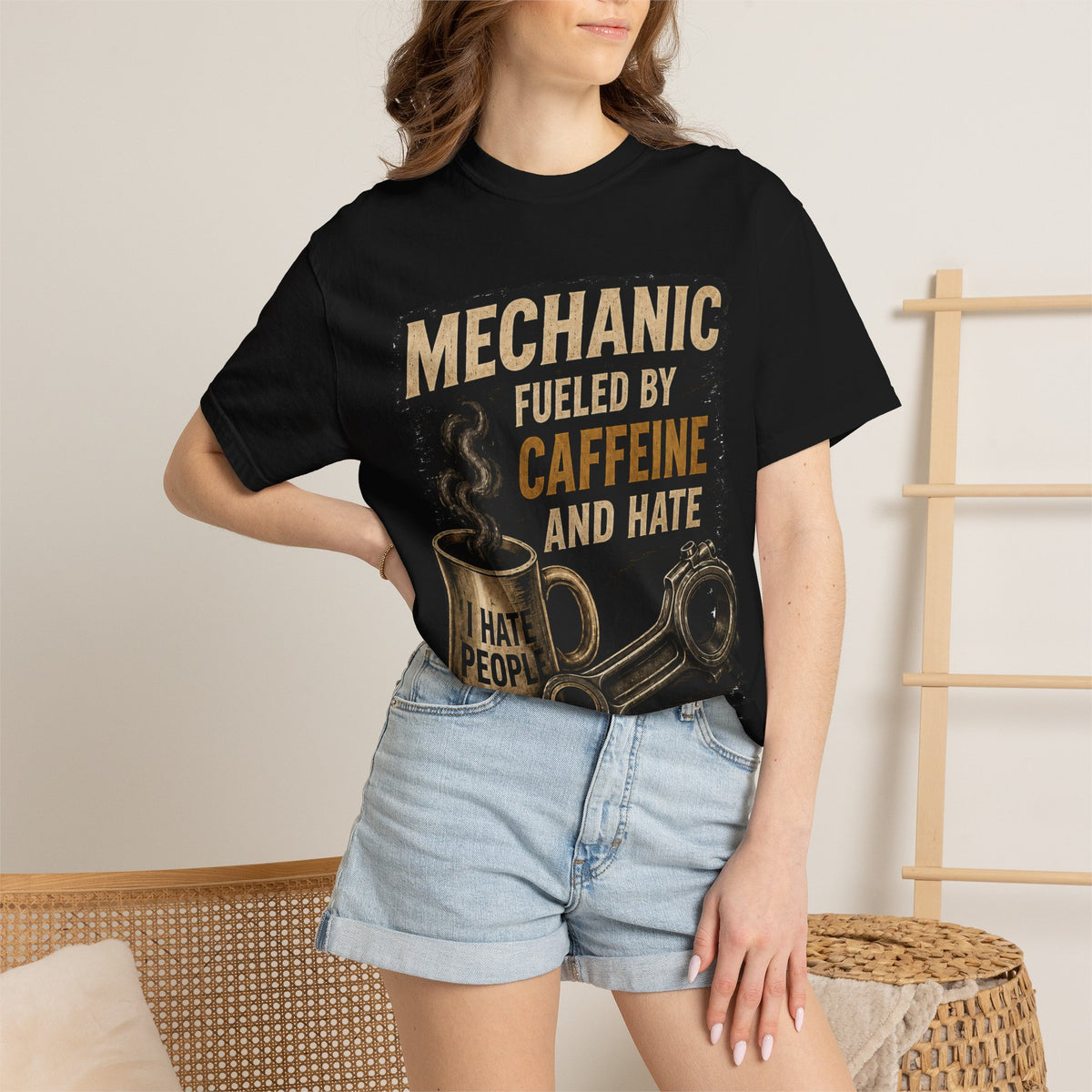 Mechanic T-Shirt — "Fueled by Caffeine and Hate" Vintage Mug & Wrench Tee