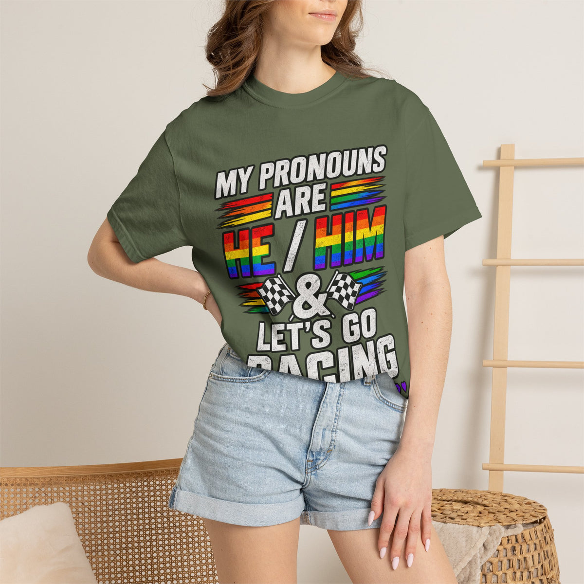 Pronouns Are He/Him Racing T-Shirt — LGBTQ+ Pride Motorsport Tee