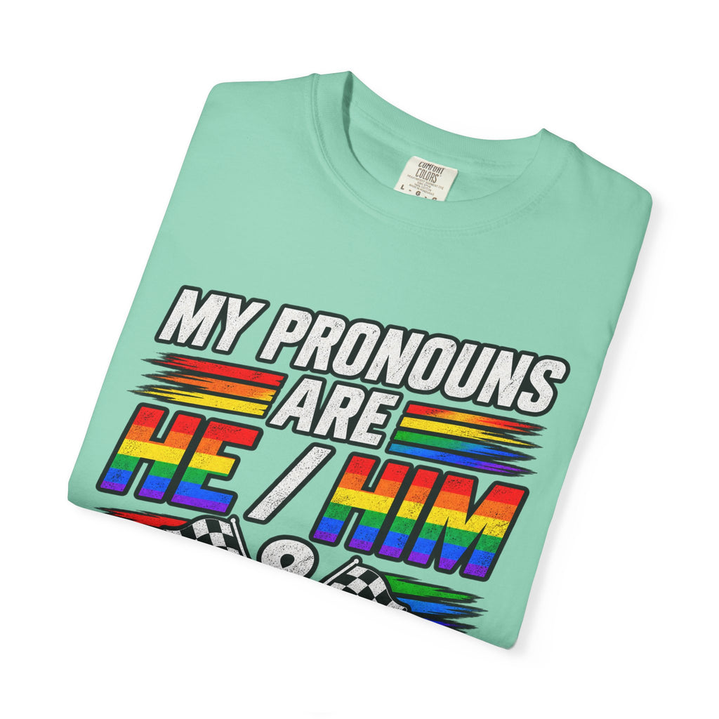 Pronouns Are He/Him Racing T-Shirt — LGBTQ+ Pride Motorsport Tee