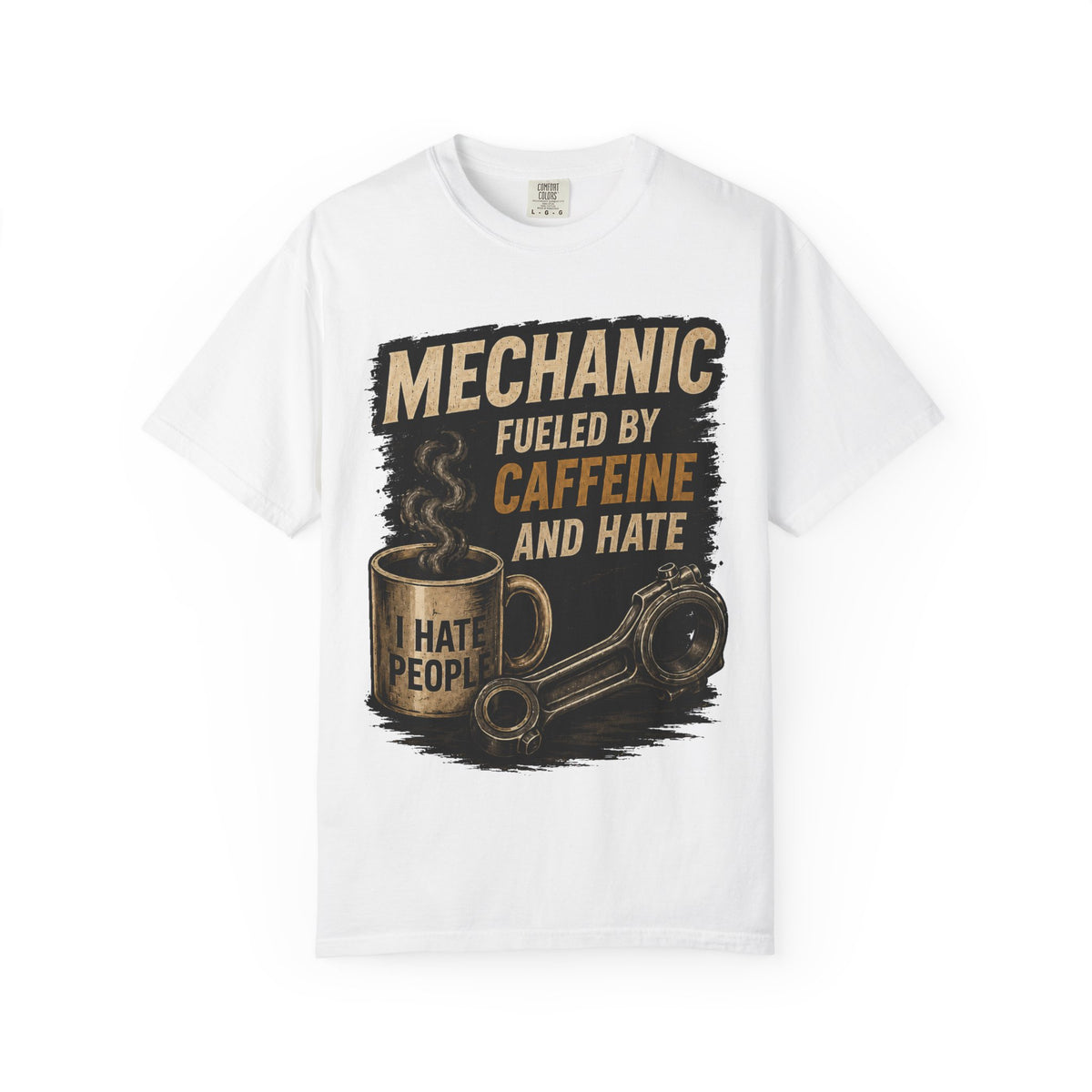 Mechanic T-Shirt — "Fueled by Caffeine and Hate" Vintage Mug & Wrench Tee