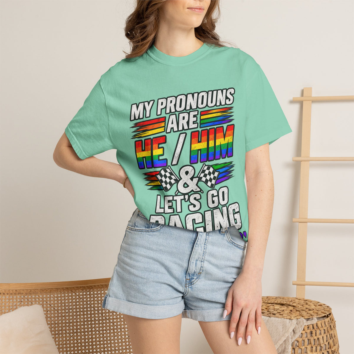 Pronouns Are He/Him Racing T-Shirt — LGBTQ+ Pride Motorsport Tee