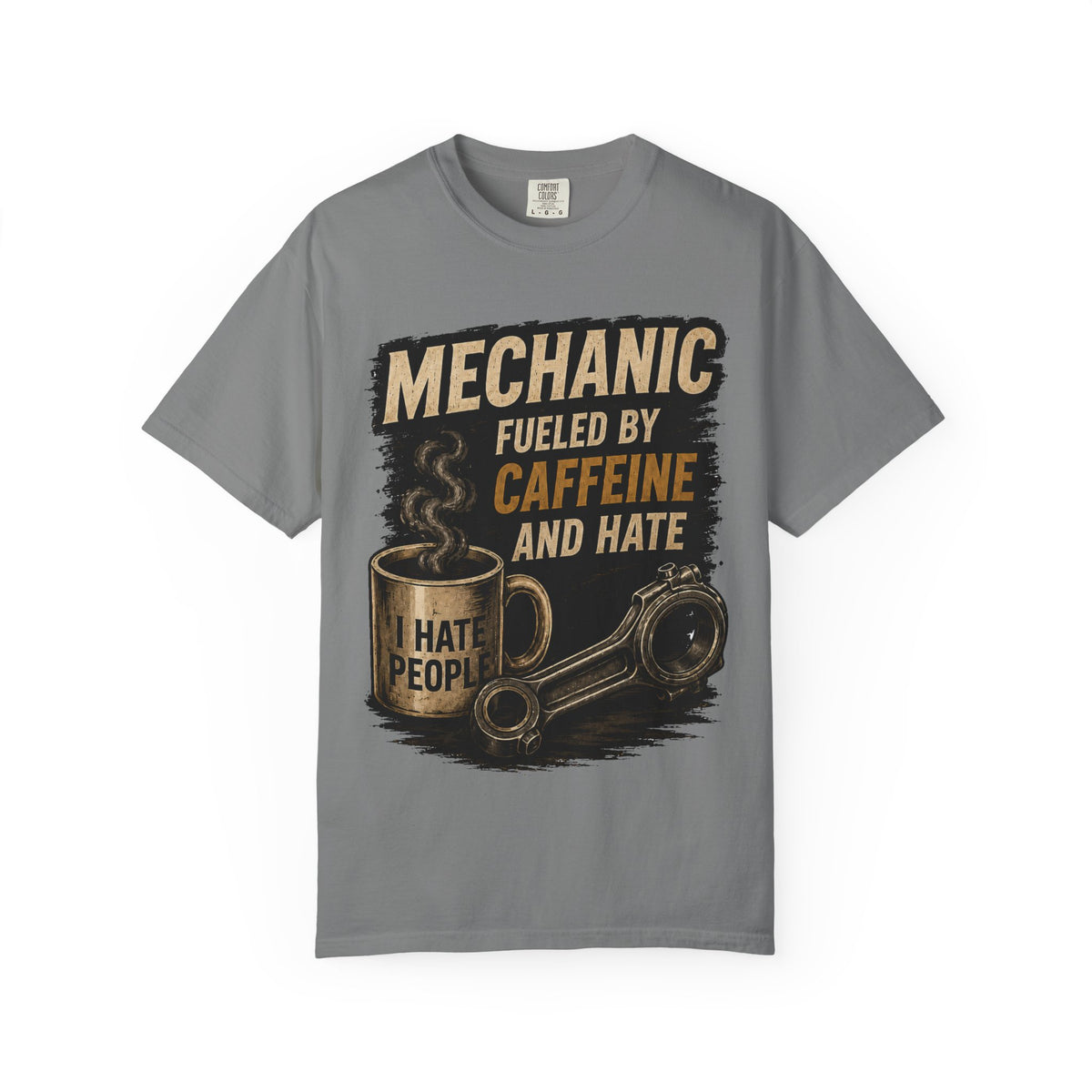 Mechanic T-Shirt — "Fueled by Caffeine and Hate" Vintage Mug & Wrench Tee