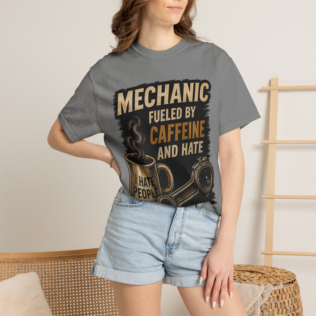 Mechanic T-Shirt — "Fueled by Caffeine and Hate" Vintage Mug & Wrench Tee