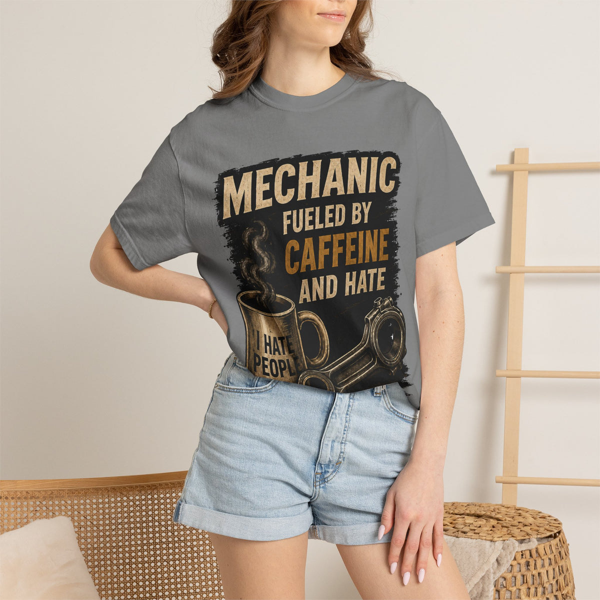 Mechanic T-Shirt — "Fueled by Caffeine and Hate" Vintage Mug & Wrench Tee