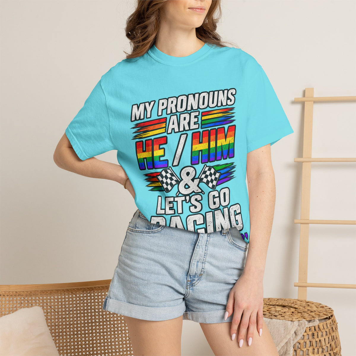 Pronouns Are He/Him Racing T-Shirt — LGBTQ+ Pride Motorsport Tee