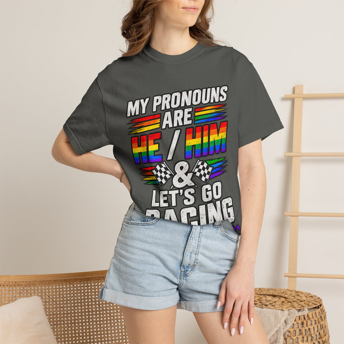 Pronouns Are He/Him Racing T-Shirt — LGBTQ+ Pride Motorsport Tee