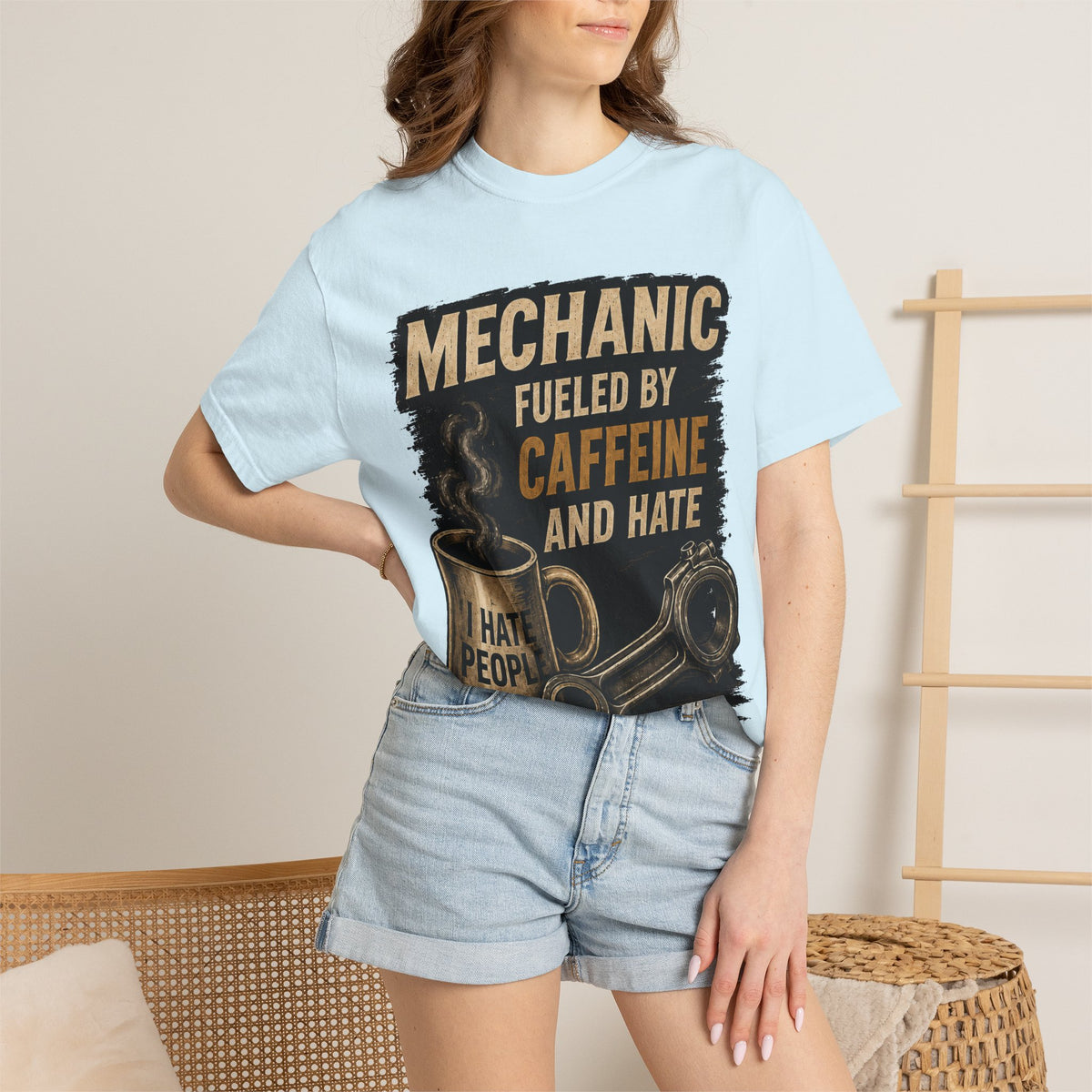 Mechanic T-Shirt — "Fueled by Caffeine and Hate" Vintage Mug & Wrench Tee
