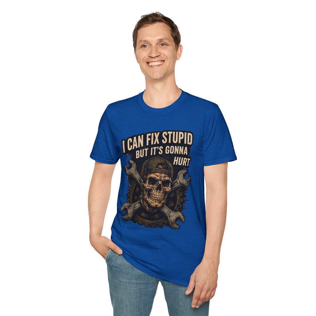 Graphic T-Shirt — "I Can Fix Stupid But It's Gonna Hurt" Skull Mechanic Tee